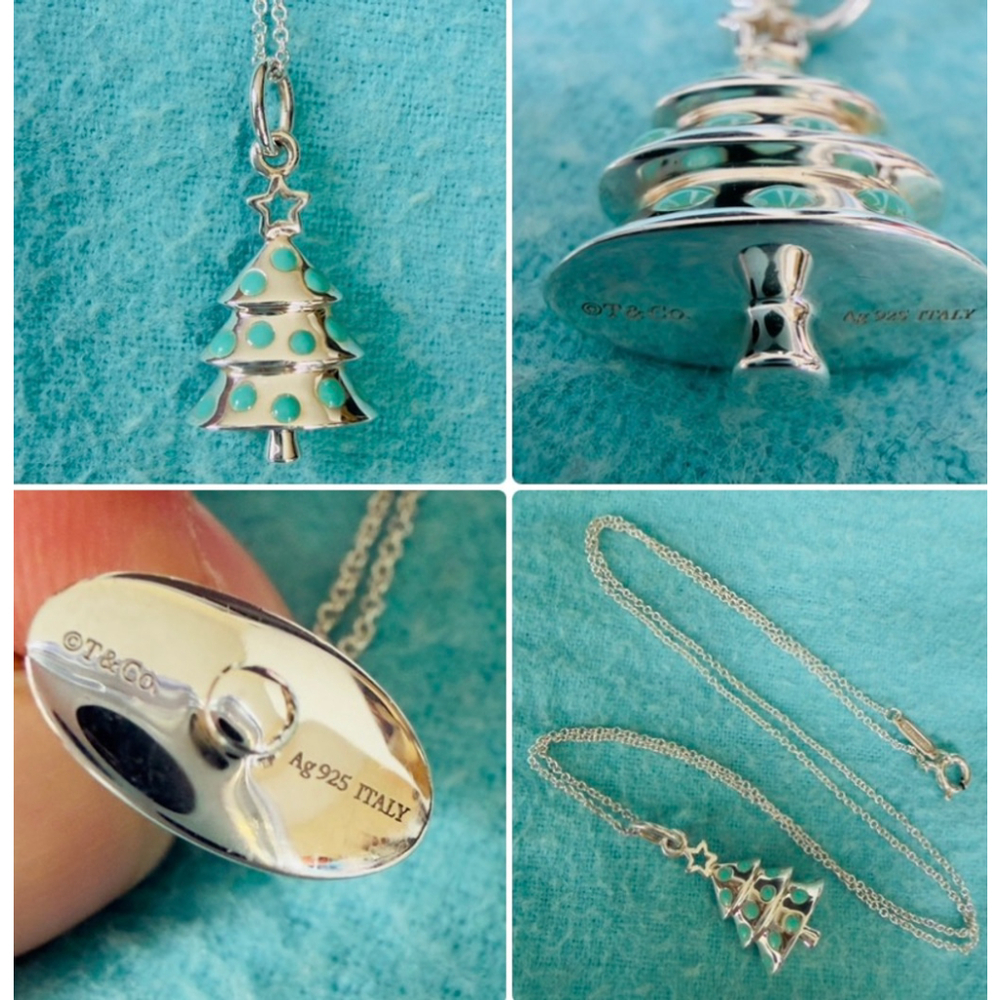 Tiffany & Co. Sterling Silver Blue Enamel Christmas Tree Pendant Necklace 16”